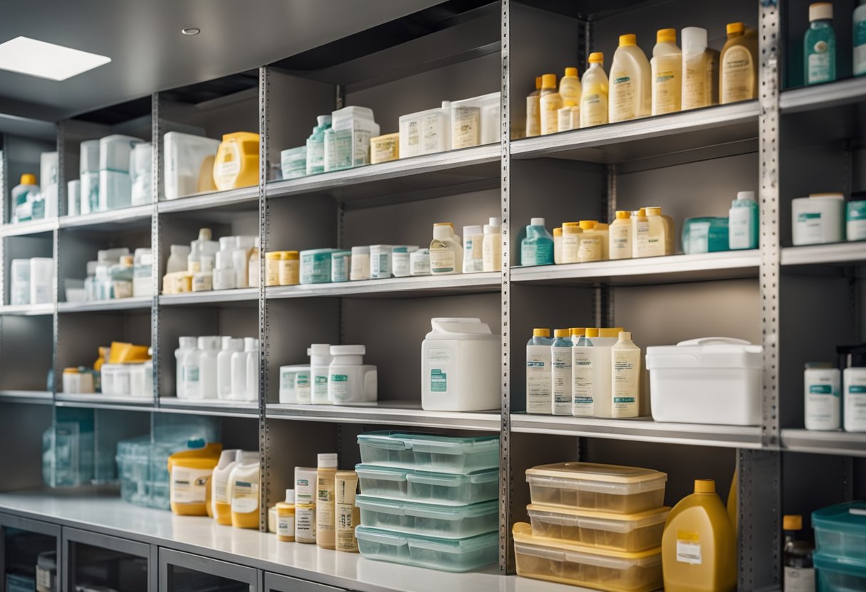 A clean and organized storage area for cleaning and laundry products, with labeled shelves and clear containers