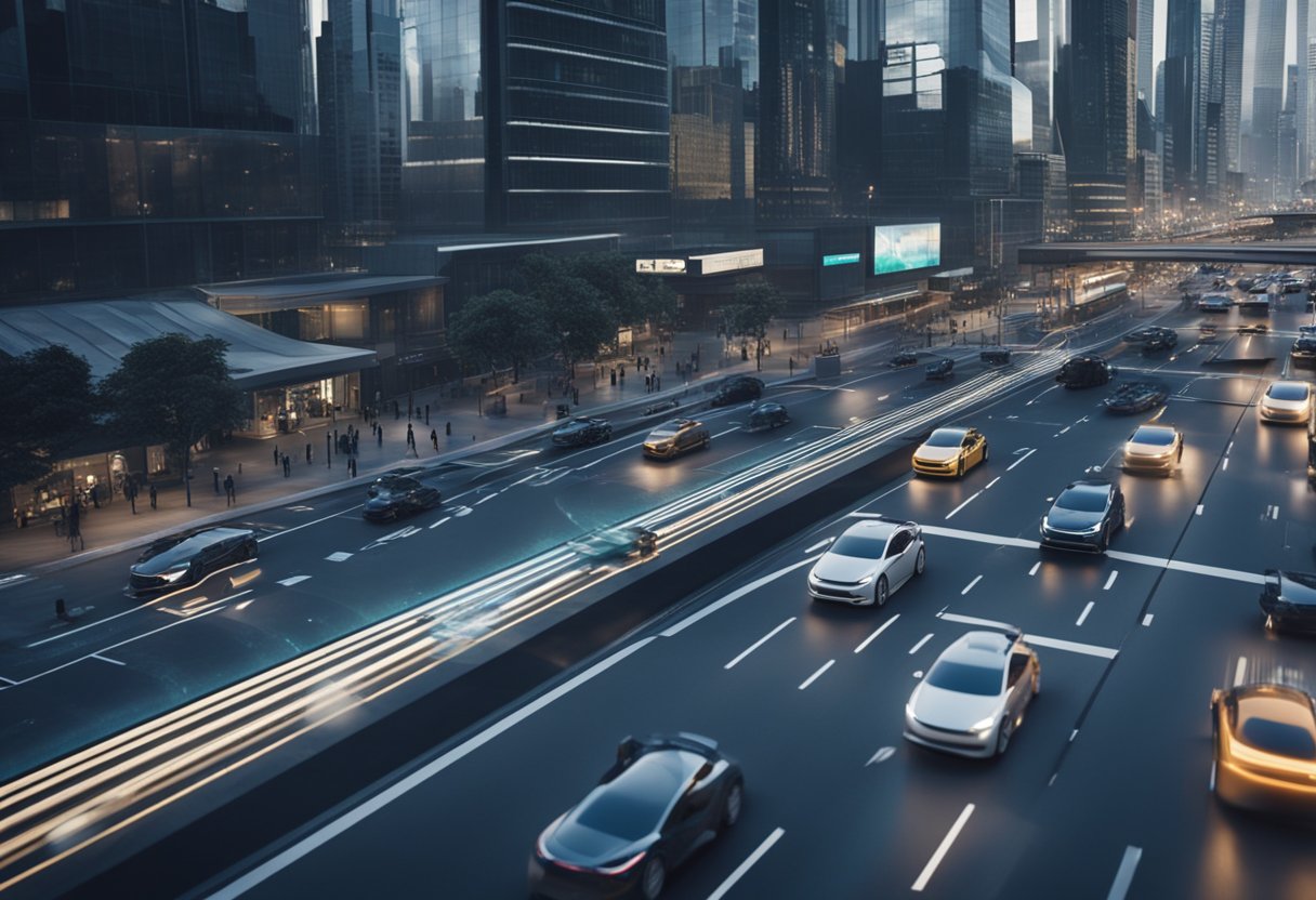 A futuristic cityscape with self-driving cars navigating busy streets. Advanced technology and infrastructure support the seamless movement of autonomous vehicles