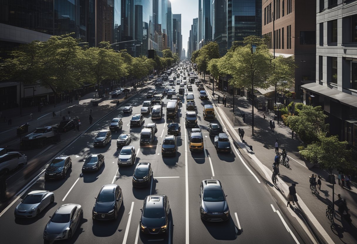 A bustling city street with autonomous vehicles navigating through traffic, showcasing the impact of emerging technologies on the socio-economic landscape