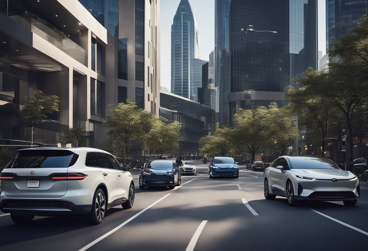 A city street with autonomous vehicles driving alongside traditional cars, showcasing the integration of emerging technologies