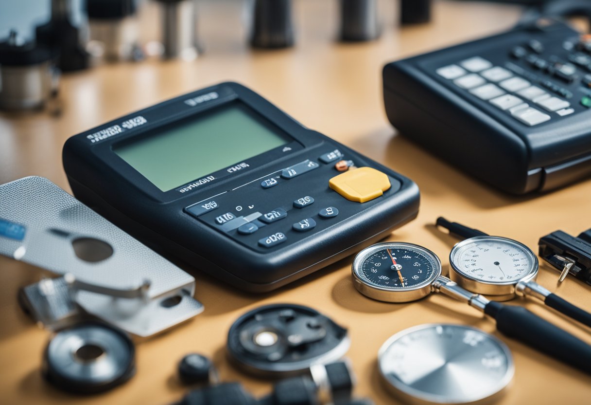 A table with various measuring and diagnostic tools arranged neatly for basic maintenance