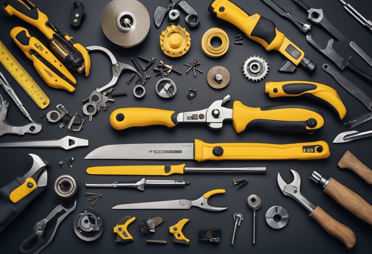 A table with various hand tools neatly arranged for basic maintenance