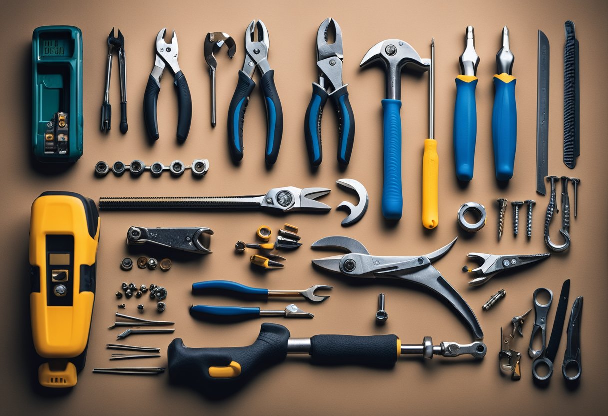 A table with essential maintenance tools, including wrenches, screwdrivers, and pliers, arranged neatly