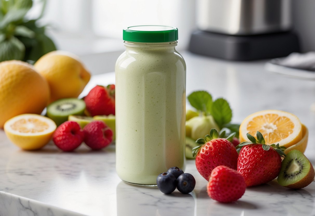 A scoop of protein powder with stevia sits on a clean, white countertop, surrounded by fresh fruit and a shaker bottle