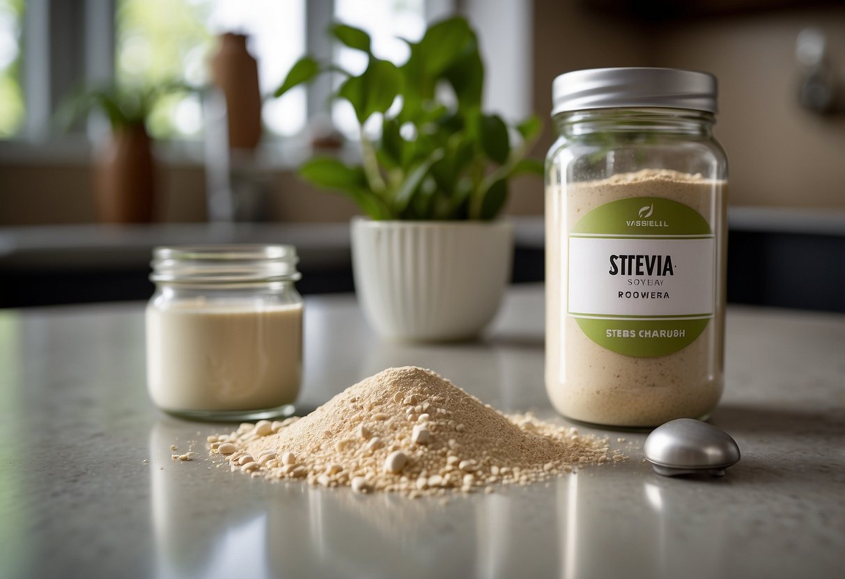 A clear jar of protein powder with a label reading "Stevia" sits on a countertop next to a scoop and a shaker bottle. A few stevia leaves are scattered around the jar