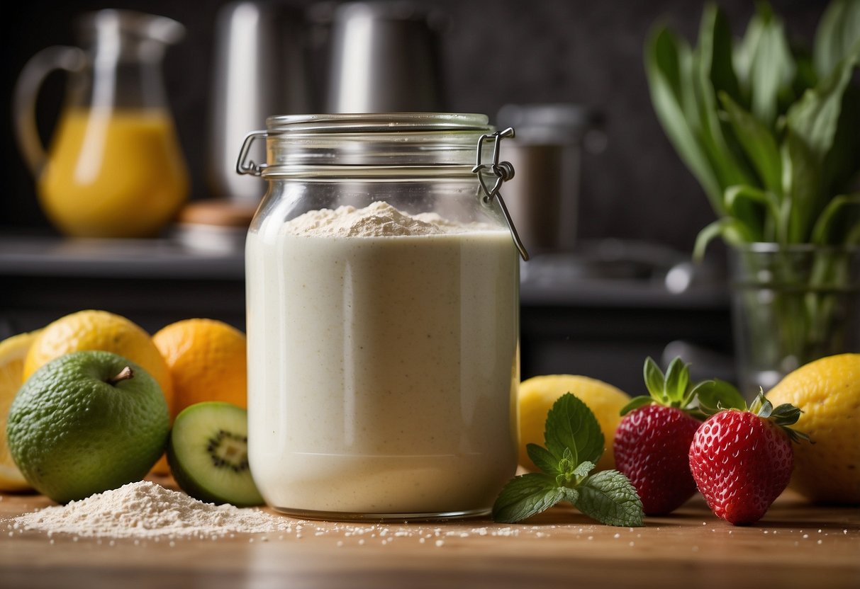 A jar of stevia-sweetened protein powder sits on a kitchen counter, surrounded by fresh fruits and a blender. A scoop of powder hovers over the jar, ready to be added to a smoothie