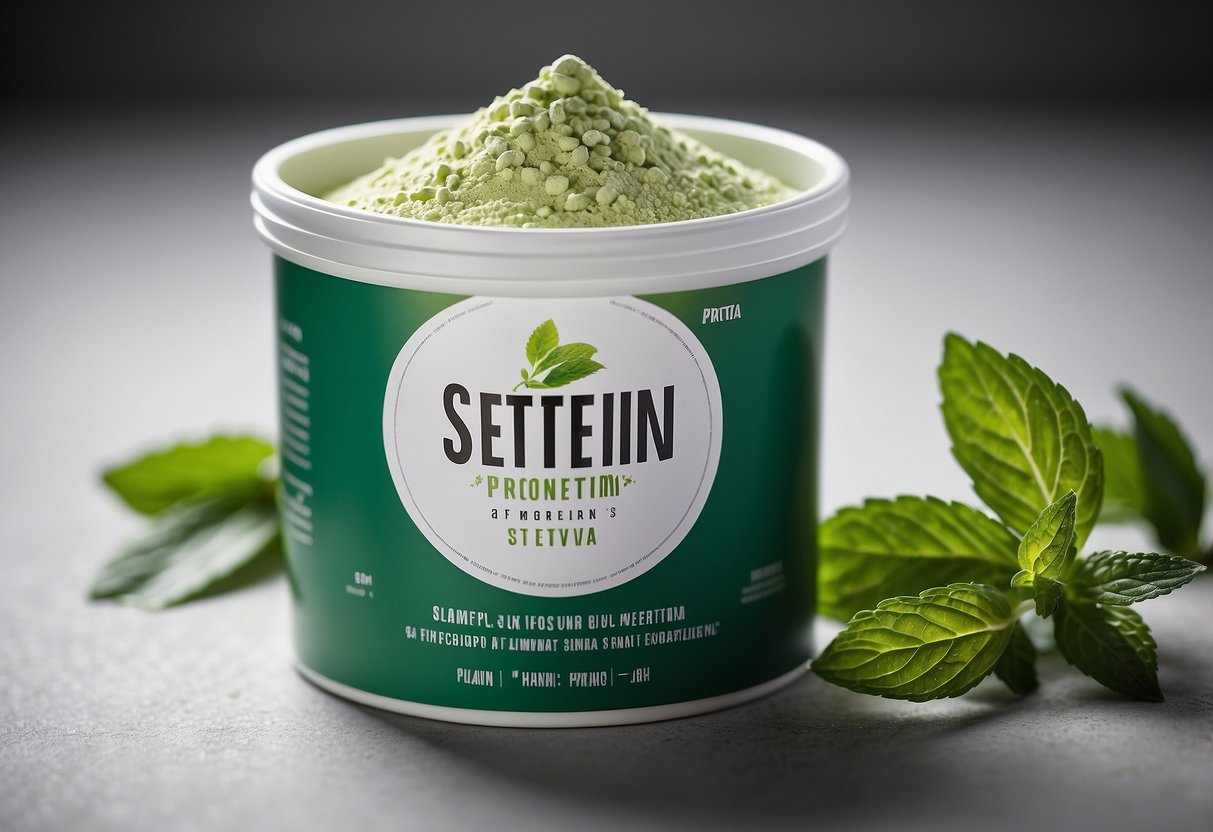 A scoop of protein powder with stevia sits on a clean, white surface. The packaging features bold, modern typography and vibrant green accents