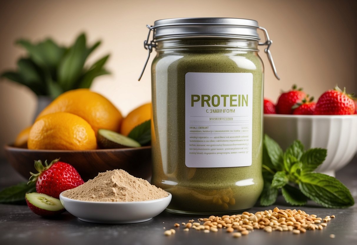 A jar of high-quality protein powder with stevia, surrounded by fresh ingredients like fruits and nuts, with a clear label and nutritional information