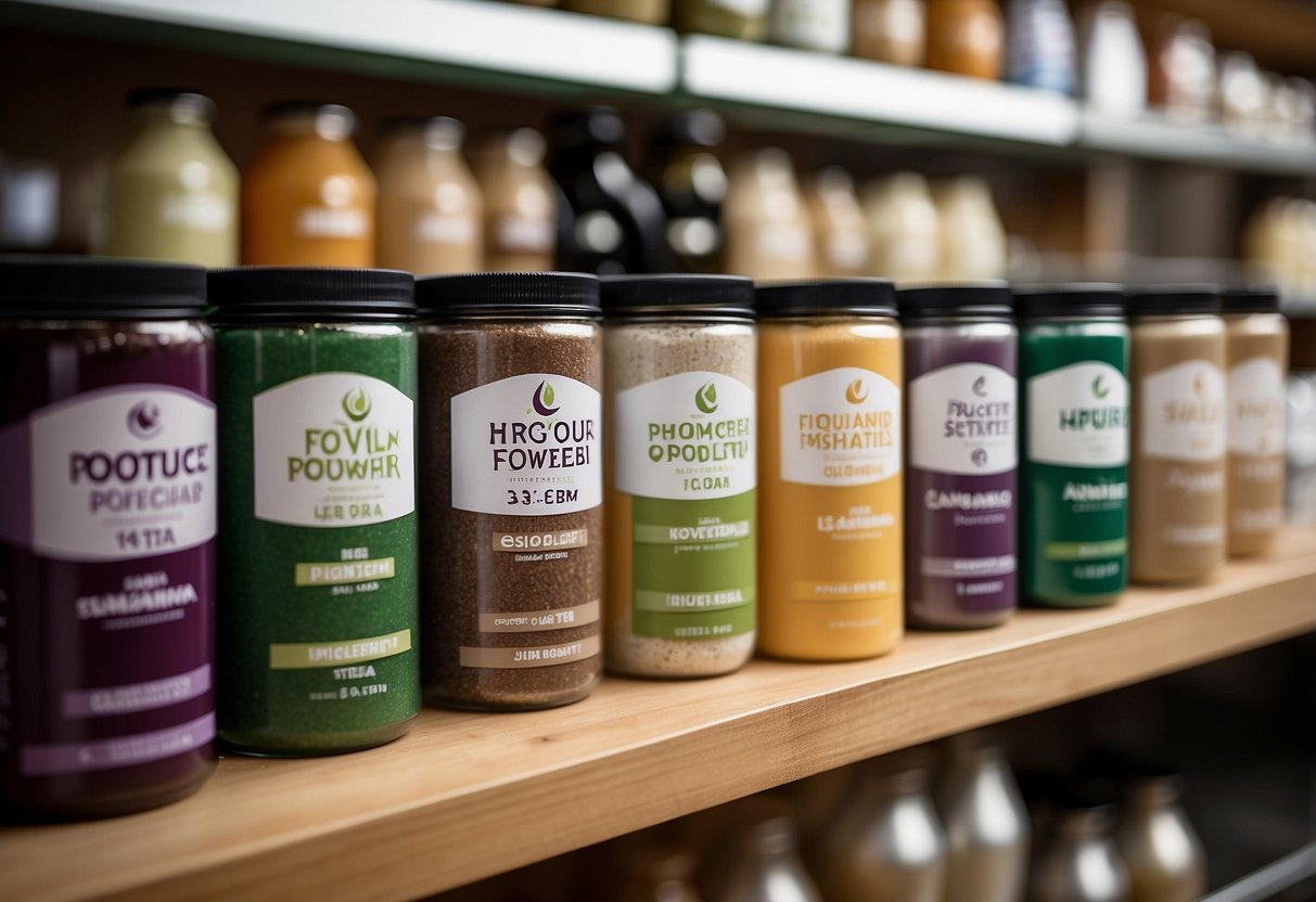 A variety of protein powder containers with stevia, displayed on a shelf. Labels highlight different flavors and nutritional benefits