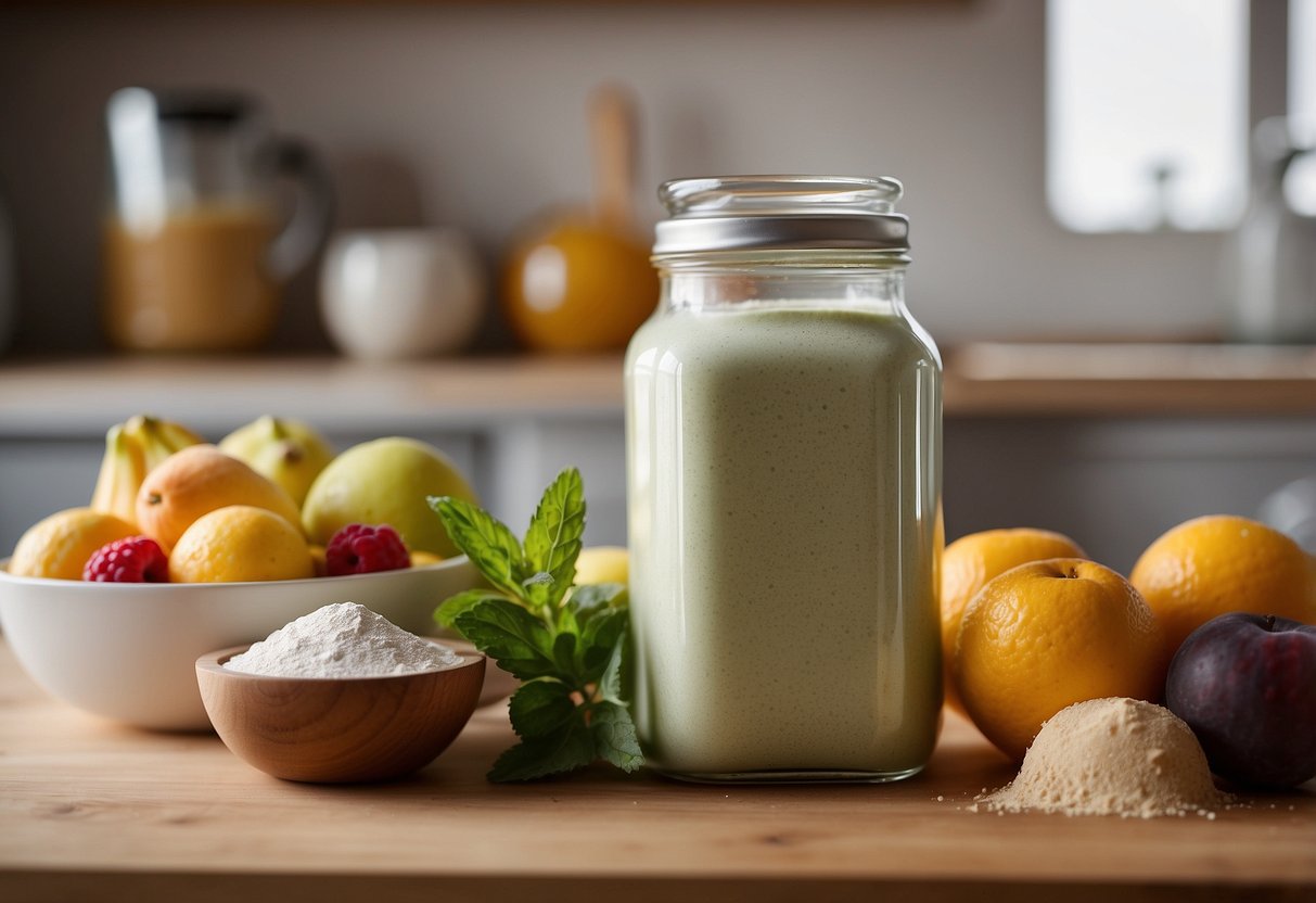 A jar of protein powder with stevia sits on a kitchen counter, surrounded by various fruits and sweeteners. A flavor wheel nearby categorizes different sweetness profiles