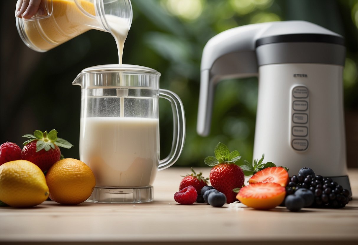 A hand pours stevia-sweetened protein powder into a blender with fruits and milk