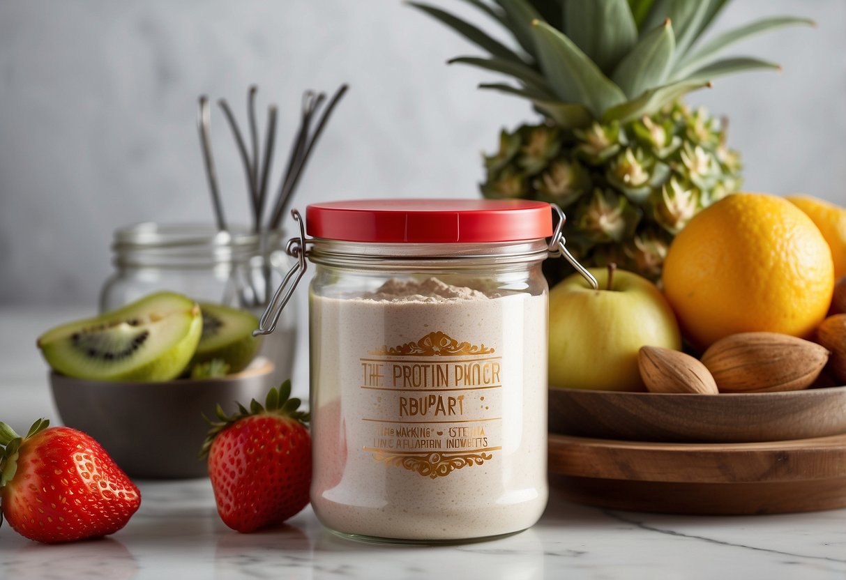 A clear jar of protein powder with stevia sits on a white countertop, surrounded by fresh fruits and a measuring scoop. A label reads "The Bottom Line: Making an Informed Choice."