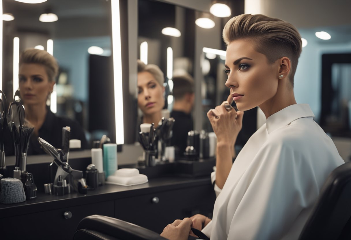 A woman sits in a modern salon chair, surrounded by sleek hair cutting tools. She gazes at herself in the mirror, contemplating the perfect short hair style