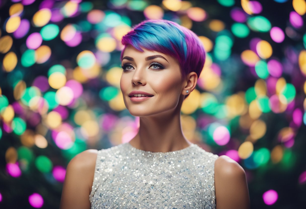 A short-haired female with vibrant hair color and highlighting techniques