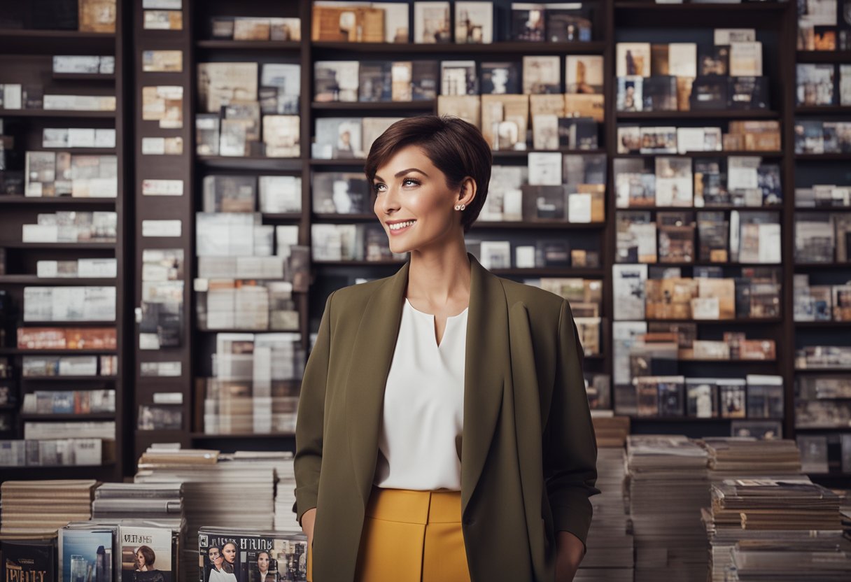 A woman with short hair stands confidently, surrounded by fashion magazines and hair products, exuding a sense of modern style and confidence