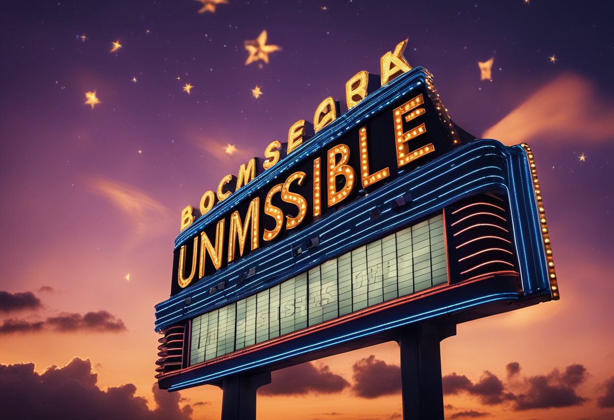 A movie theater marquee displays "Unmissable Blockbusters of 2024 Films you can't miss" in bold, colorful letters against a night sky