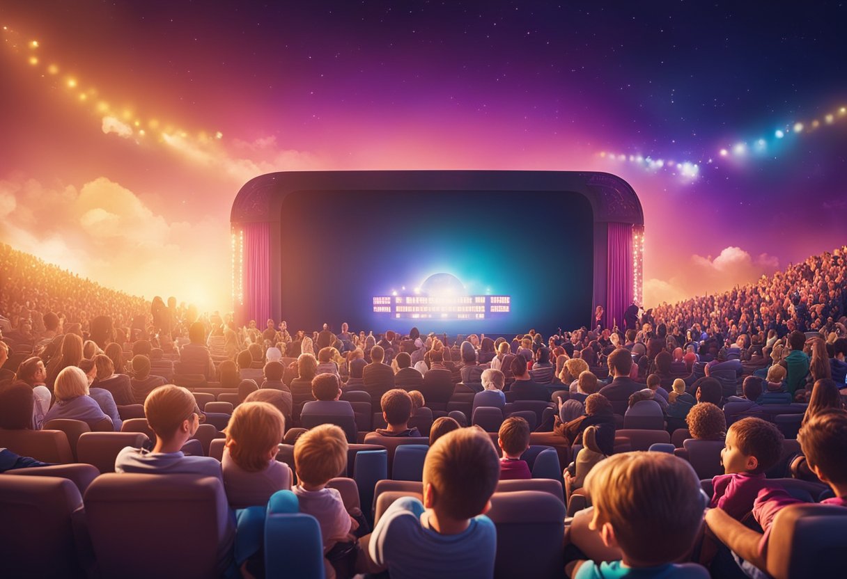 A colorful movie theater with a large screen showing animated films. Families and children are gathered, enjoying the vibrant and magical atmosphere