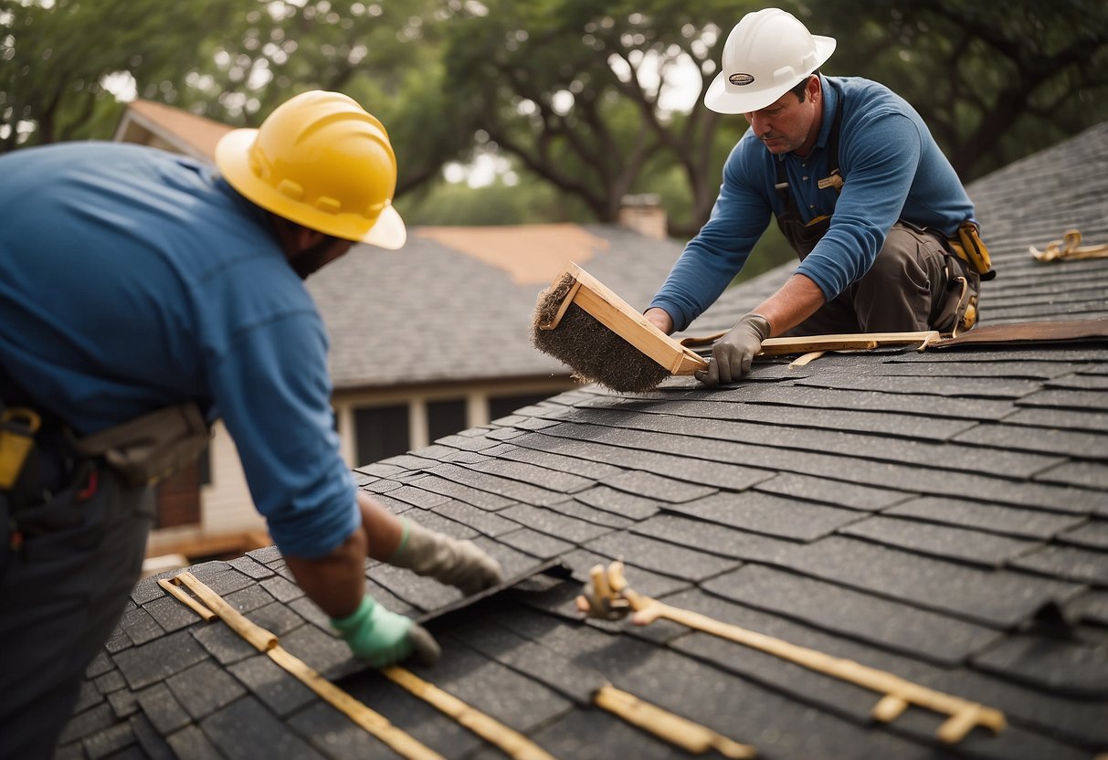 A crew lays shingles on a roof in Austin, TX