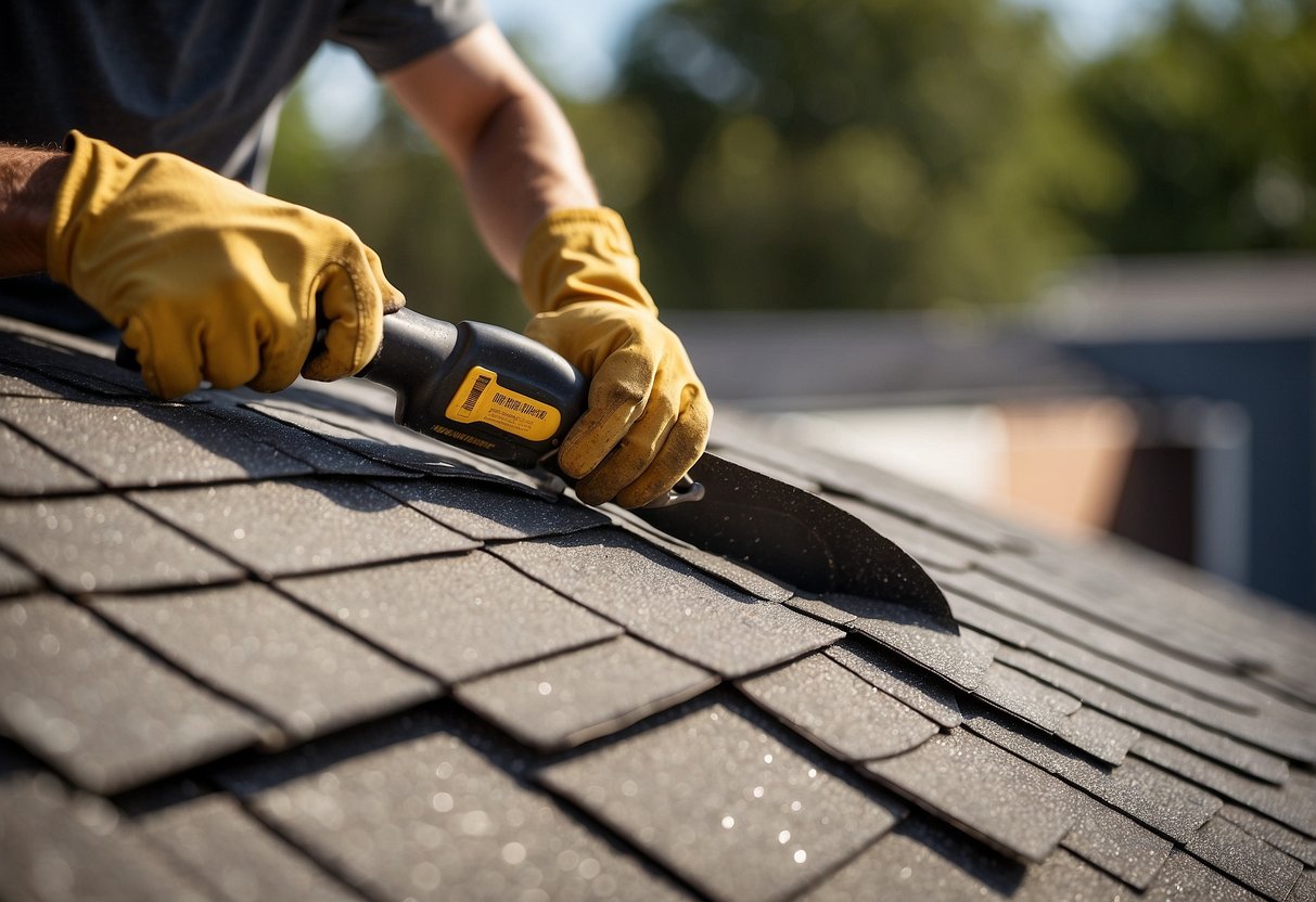 A contractor carefully places shingles on a roof in Austin, ensuring precision and quality in the installation process