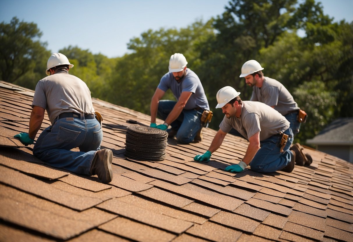 A crew of workers lay down shingles on a sloped roof in Austin, carefully aligning each piece to ensure a secure and weatherproof installation