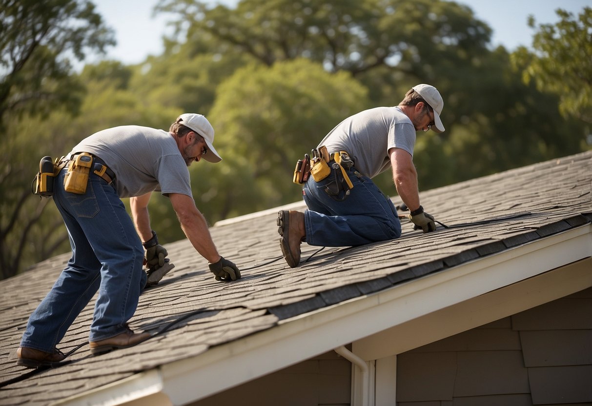 A crew of roofers installs shingles on a house in Austin, Texas, ensuring proper alignment and secure attachment for long-lasting protection