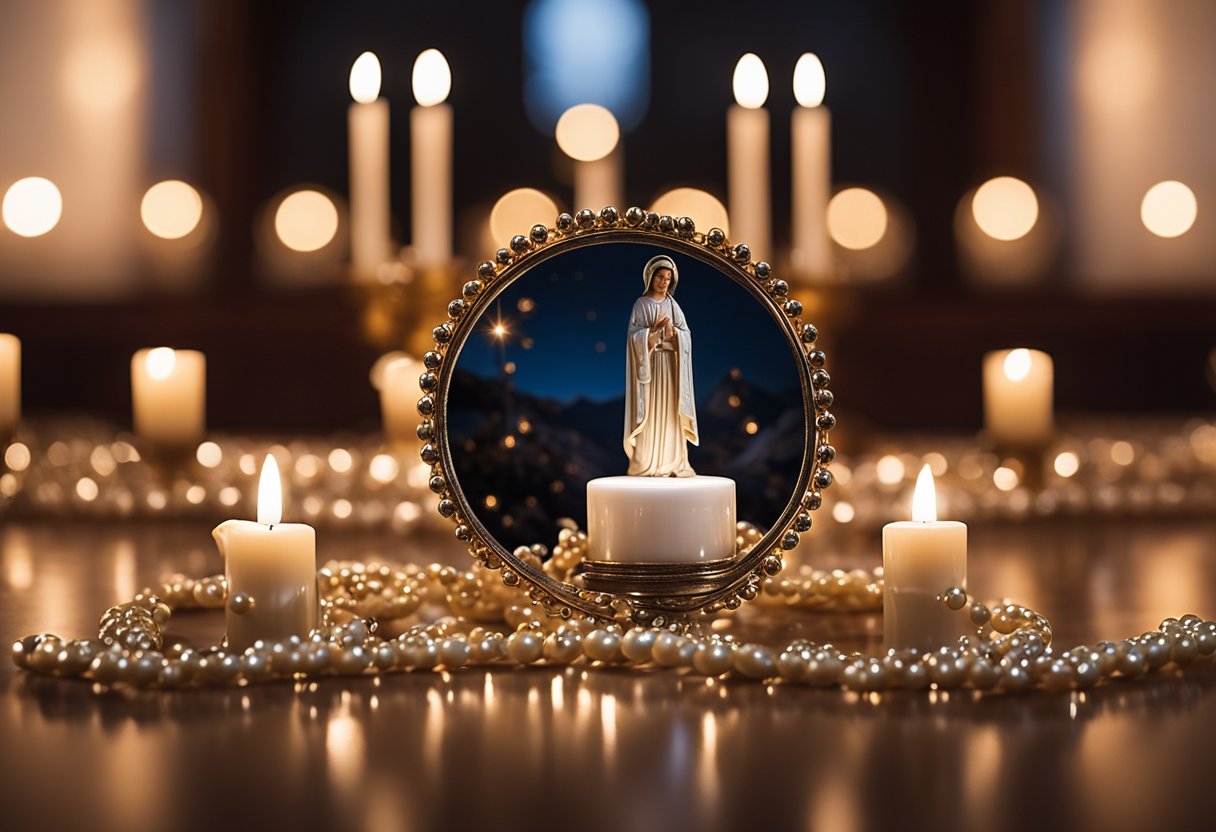 A serene setting with a candle-lit altar, a rosary laid out, and a figure kneeling in prayer