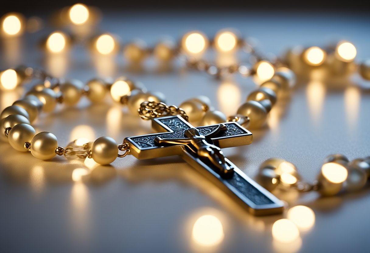 A serene setting with a rosary laid out on a soft, cushioned surface, surrounded by a gentle glow of light, creating a peaceful and contemplative atmosphere