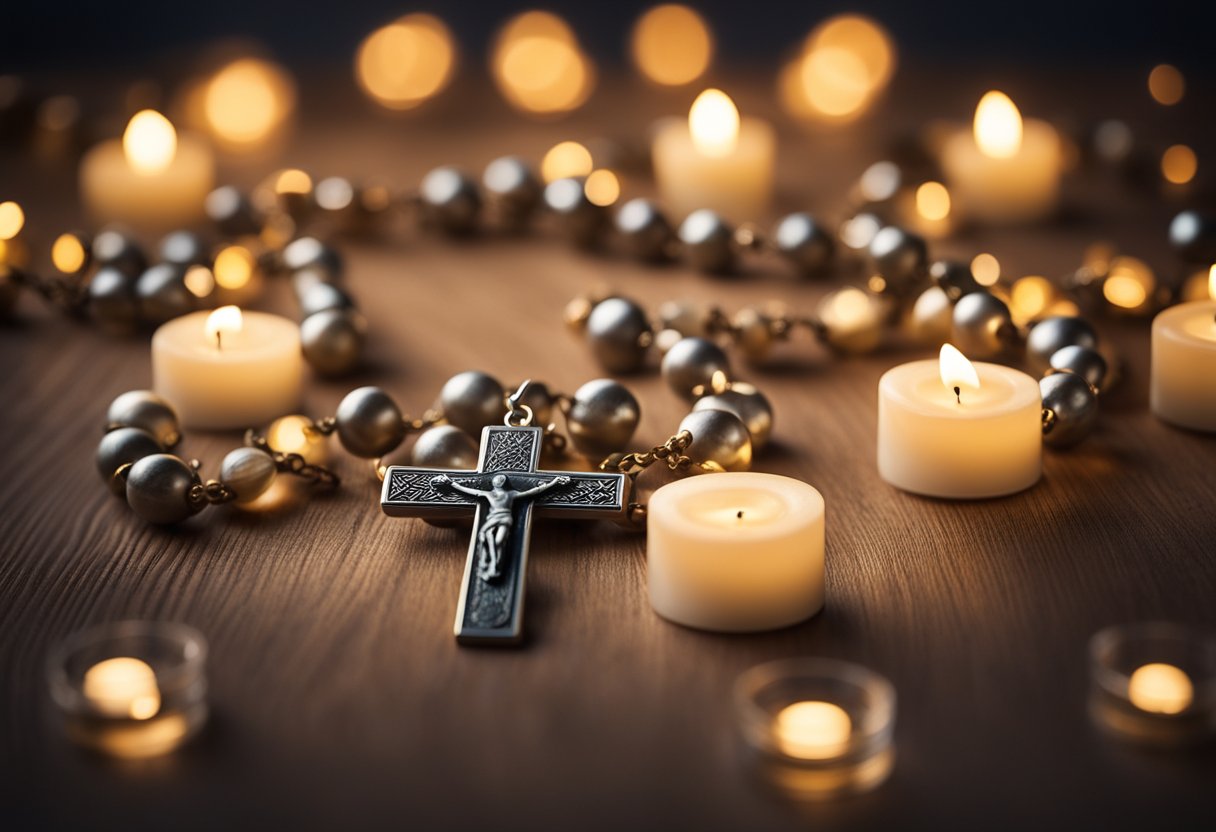 A peaceful setting with a rosary laid out on a soft, cushioned surface, surrounded by a warm glow of candlelight