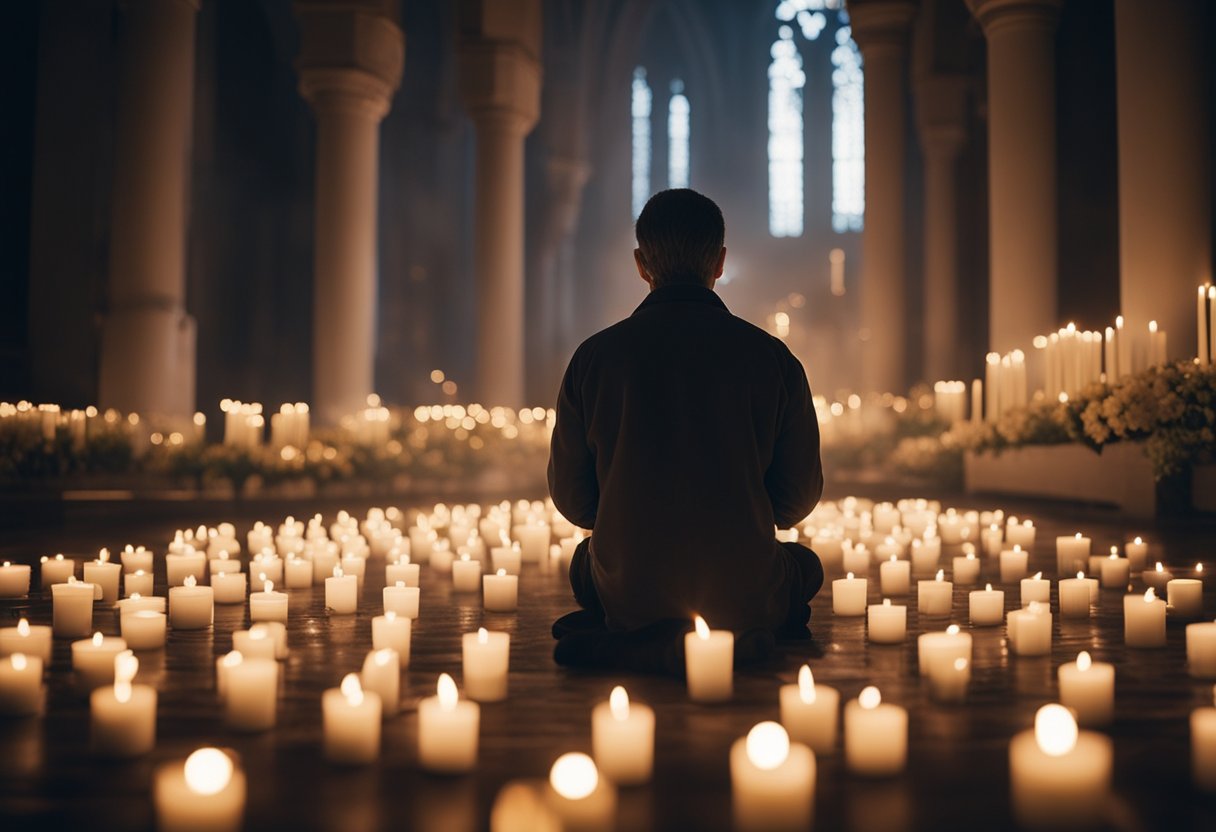 A serene figure kneels in prayer, surrounded by flickering candles and a peaceful atmosphere, emphasizing the importance of daily prayer in the life of a Catholic