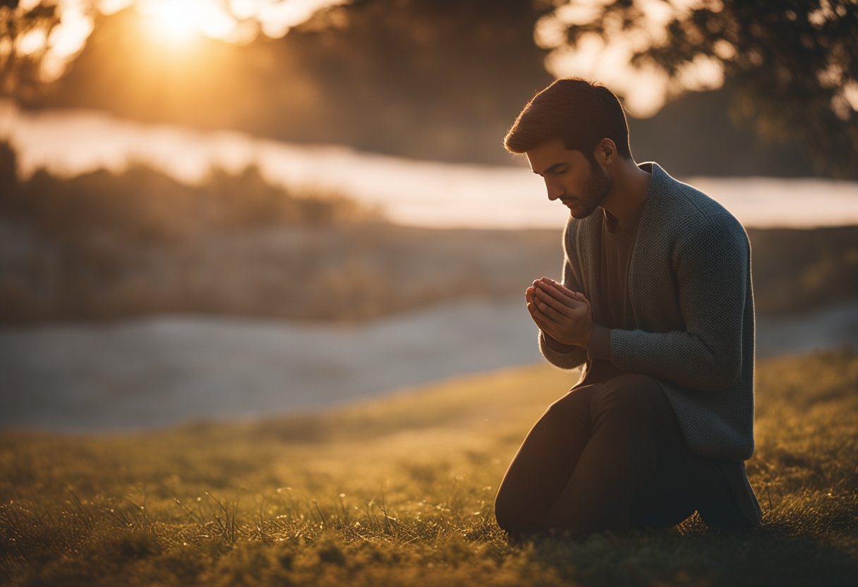 A peaceful figure kneels in prayer, surrounded by a warm glow. The atmosphere is serene, with a sense of calm and inner reflection