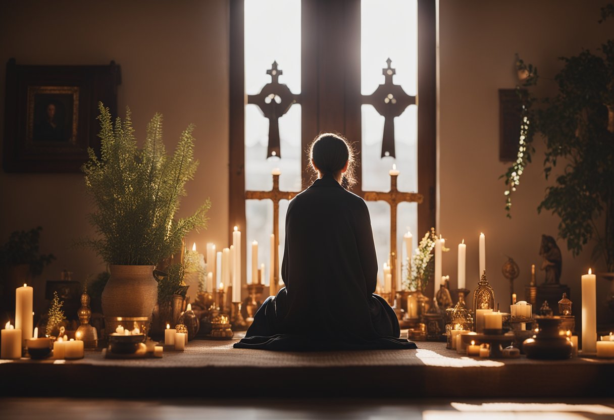 A peaceful, sunlit room with a small altar adorned with candles and religious icons. A person kneels in prayer, surrounded by a sense of serenity and devotion