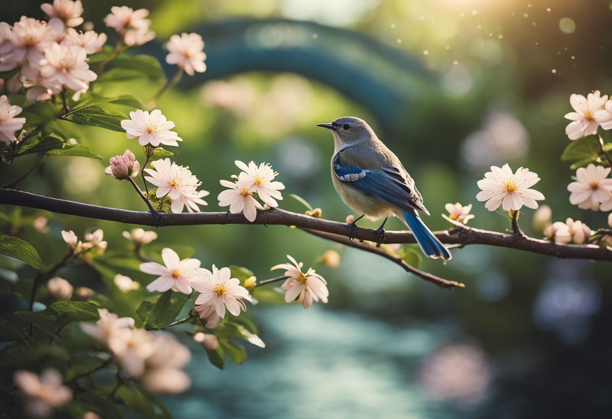 A serene garden with a small bird perched on a branch, surrounded by blooming flowers and a gentle stream flowing through the scene