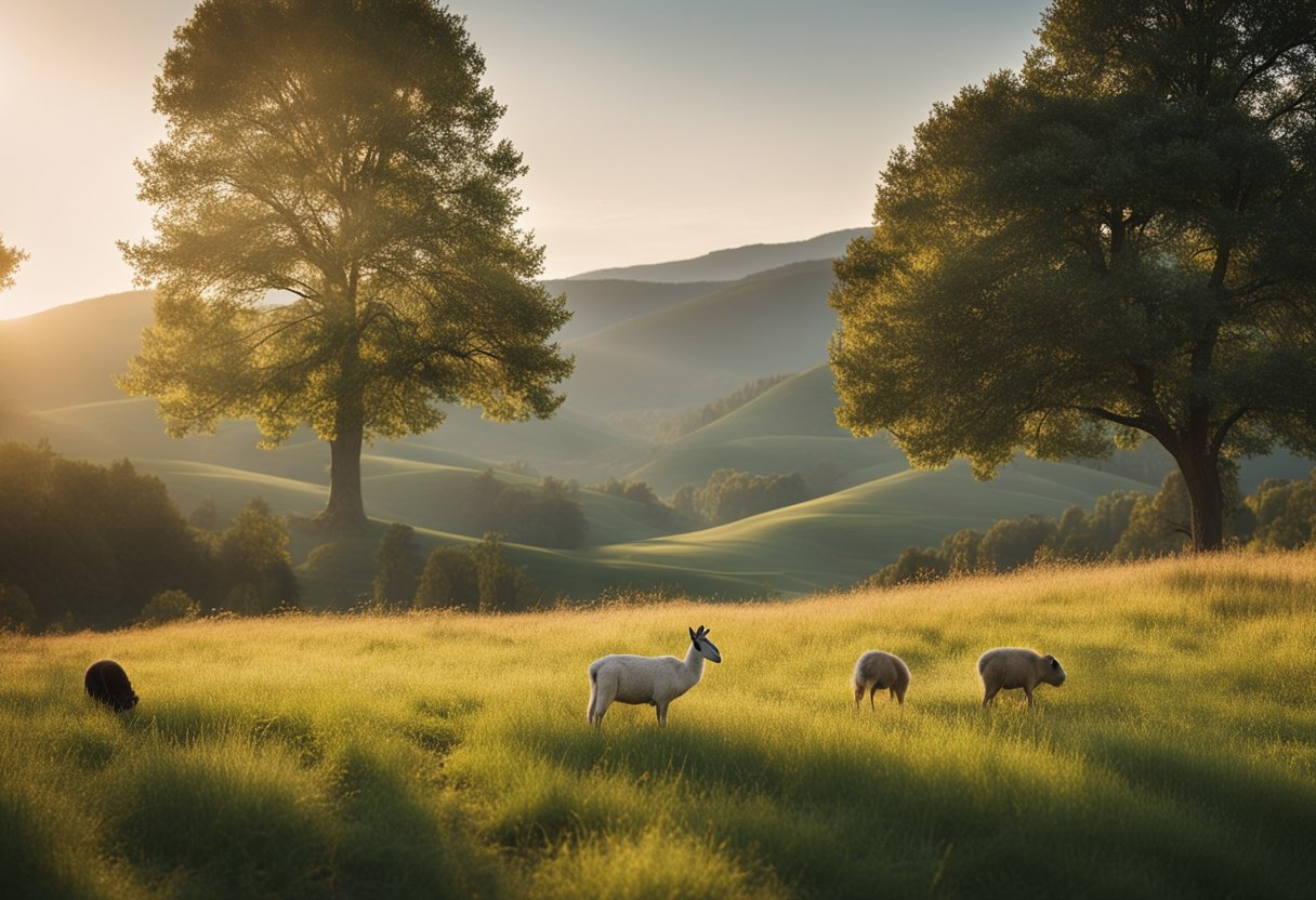 A serene landscape with a peaceful atmosphere, featuring a simple yet powerful representation of nature, animals, and elements of the Franciscan prayer