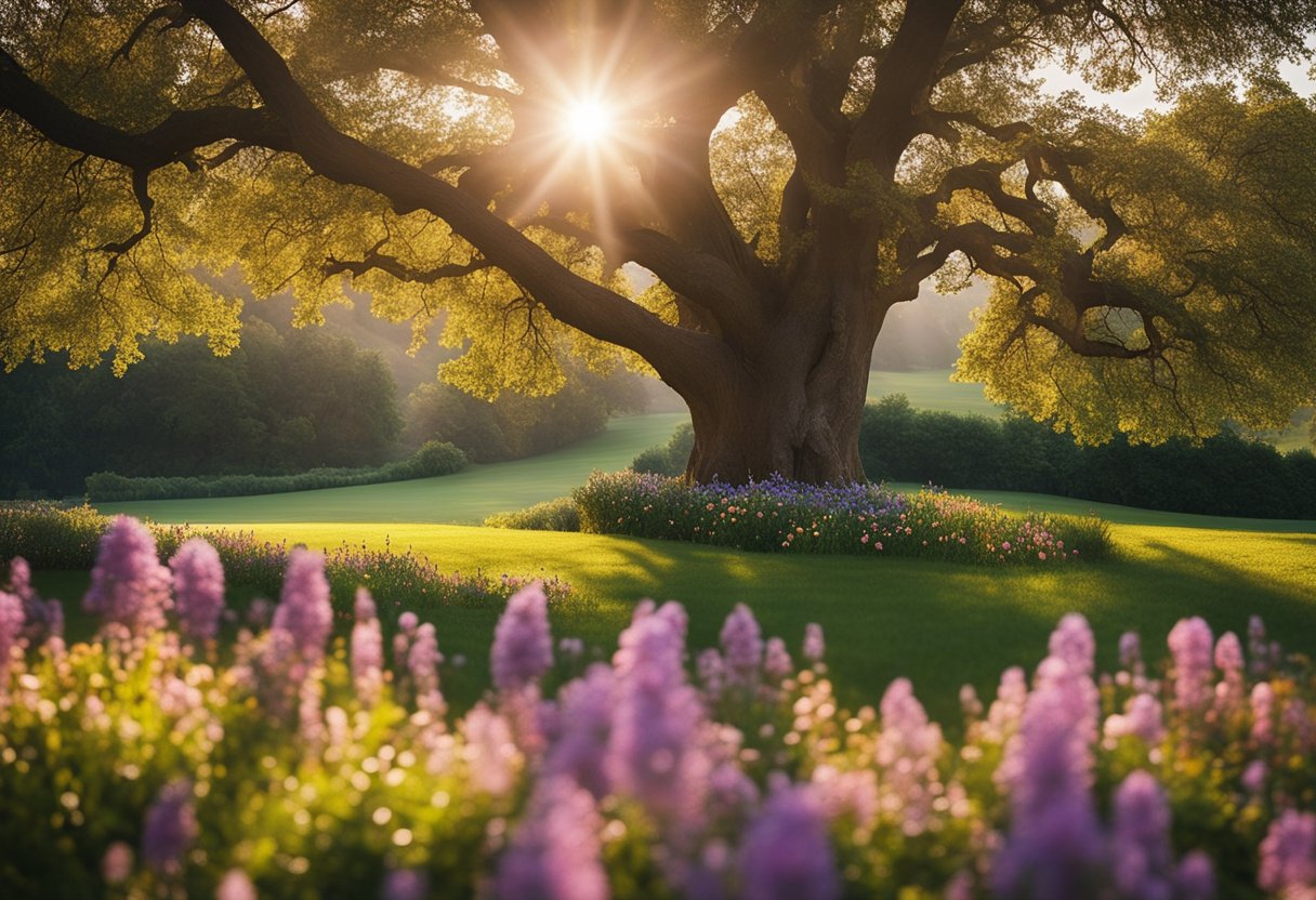 A serene garden with a lone oak tree, surrounded by vibrant flowers and wildlife. The sun casts a warm glow over the scene, creating a sense of peace and tranquility