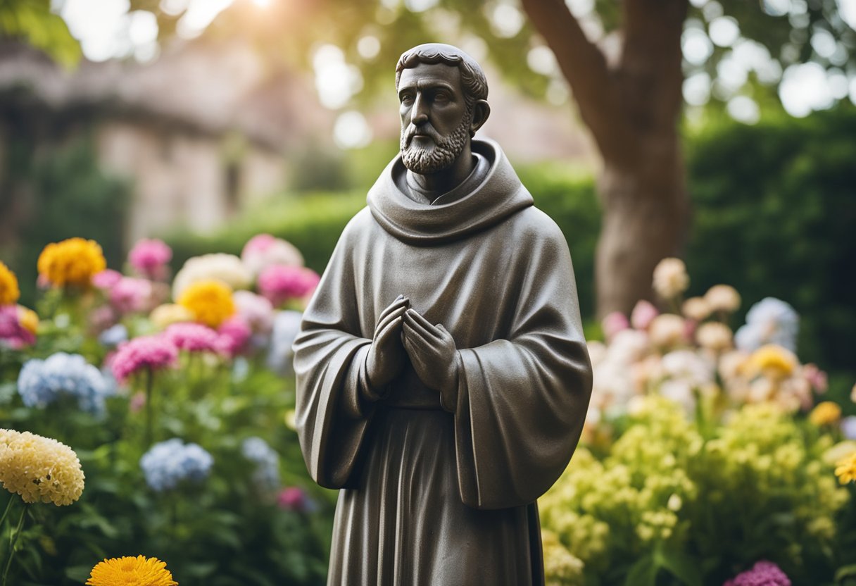 A serene garden with a stone statue of Saint Francis of Assisi, surrounded by flowers and birds, with a peaceful atmosphere