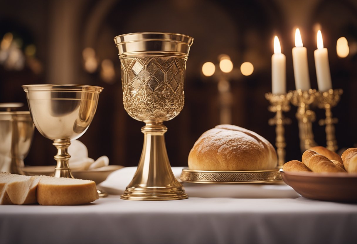 A church altar with a chalice, bread, and wine for Eucharist. A baptismal font with water. A priest anointing a sick person with oil