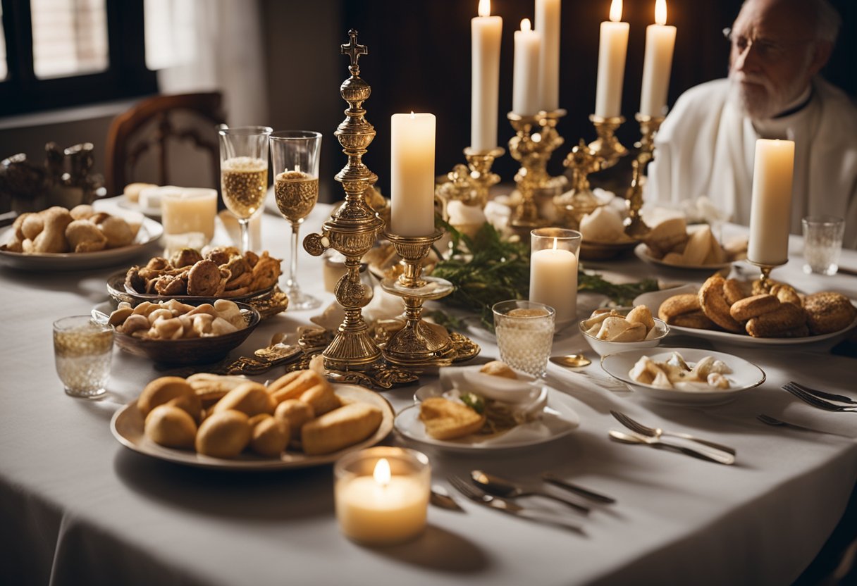 A table adorned with symbols of the seven sacraments, surrounded by a diverse group of people in a spirit of communion