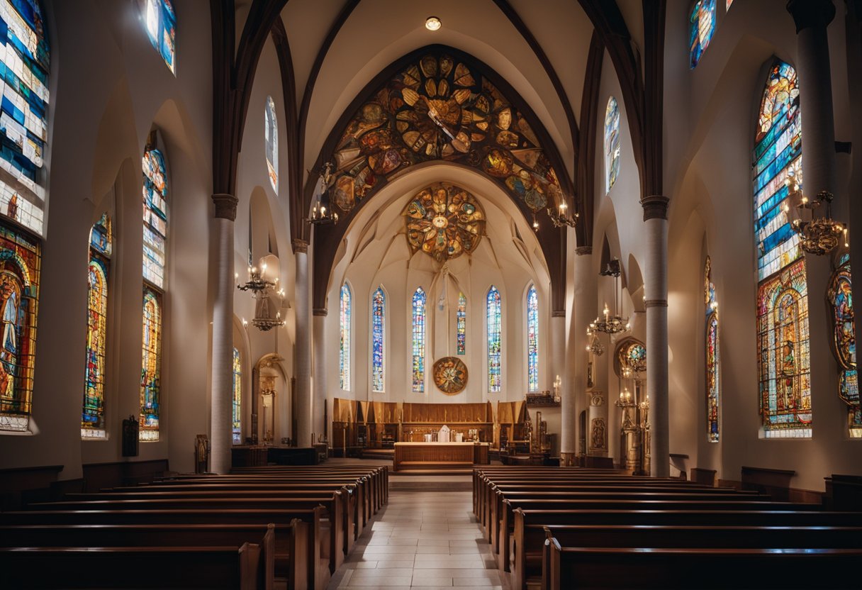 A church interior with seven symbolic items representing the seven sacraments of the Catholic Church. Light streams through stained glass windows, casting colorful reflections on the items