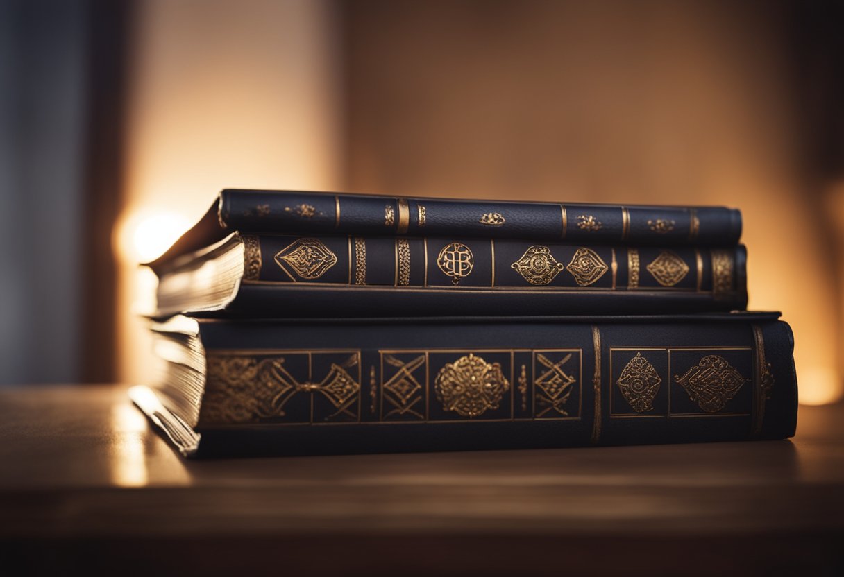 A stack of ancient books surrounded by rays of light, with a prominent Catechism of the Catholic Church on top, symbolizing its historical and spiritual significance