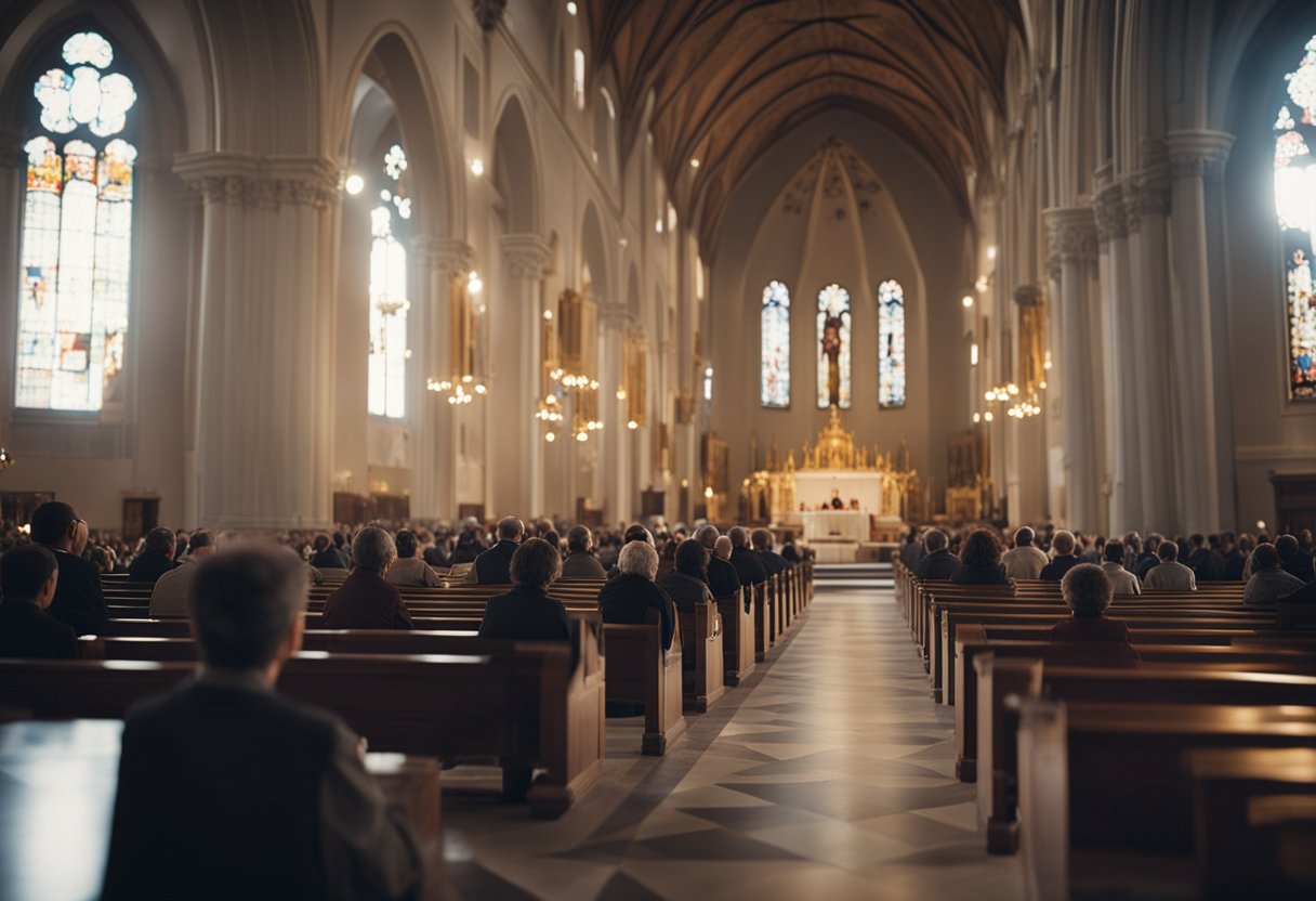 The scene depicts the impact and relevance of the Catechism of the Catholic Church, showcasing its historical significance and importance in a visually compelling manner