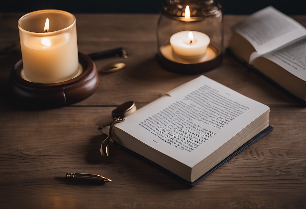 A book with the title "Frequently Asked Questions A História e a Importância do Catecismo da Igreja Católica" placed on a wooden desk with a candle and a quill pen next to it