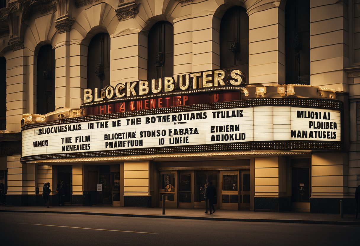 A movie theater marquee displaying "Blockbusters Internacionais: The most anticipated films of the next semester."