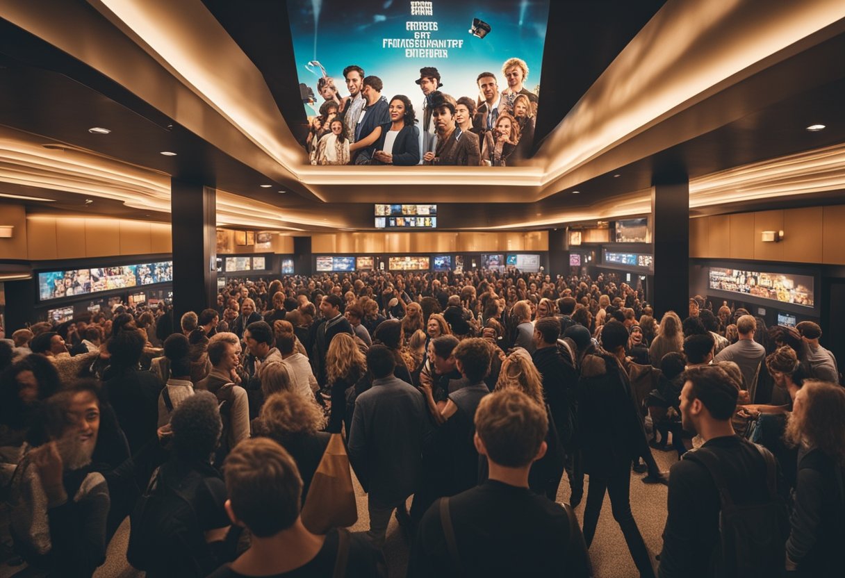 A crowded cinema lobby with movie posters and excited patrons