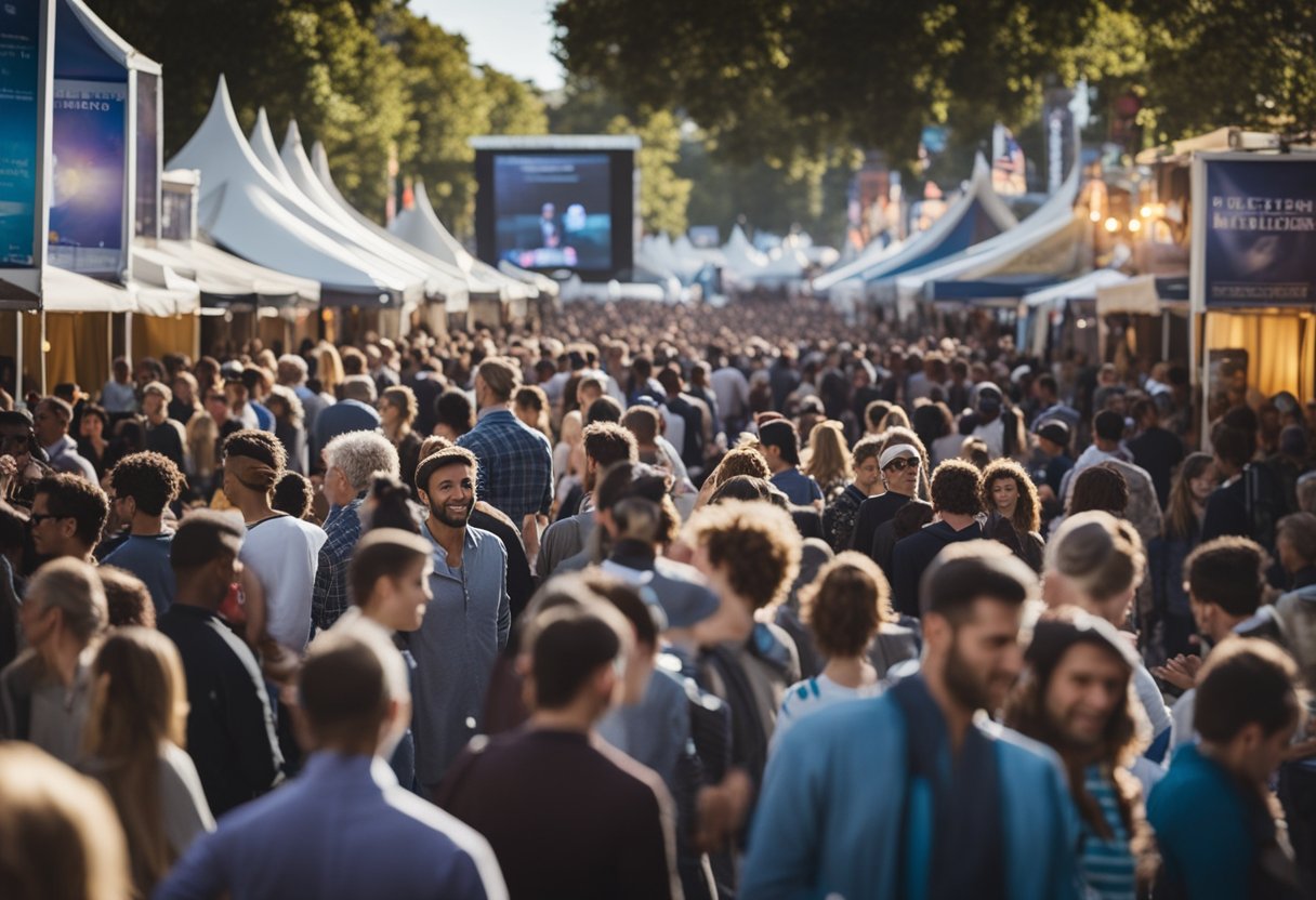 A bustling film festival with crowds, marquees, and movie posters. Excitement fills the air as people gather to watch the most anticipated independent films of the upcoming season