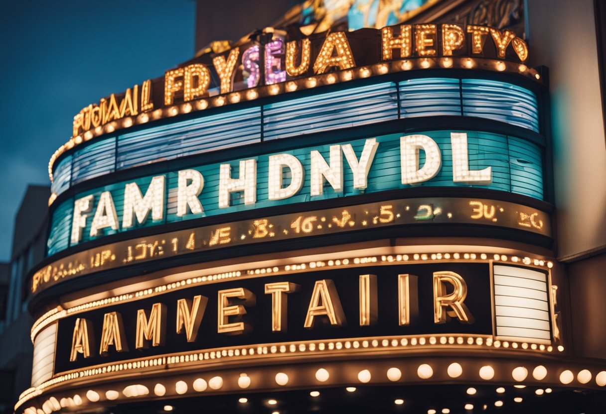 A colorful movie theater marquee displaying upcoming family-friendly animated films