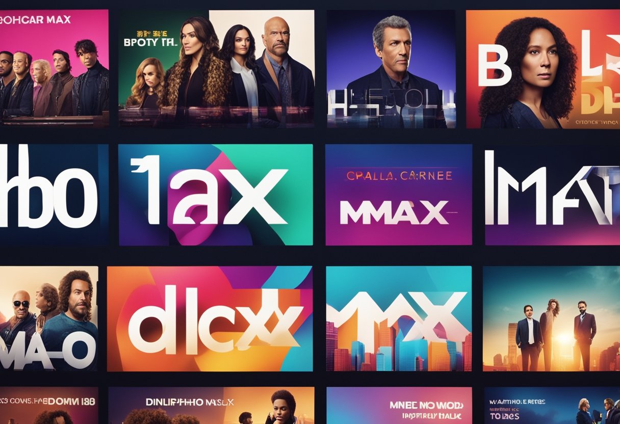 A lineup of popular HBO Max series displayed on a digital screen, with vibrant colors and bold typography