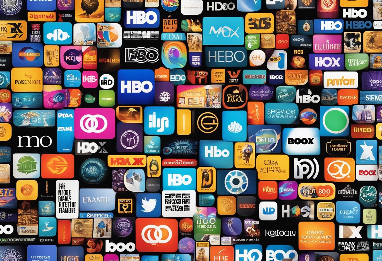 A colorful array of popular TV series logos from HBO Max, including drama, comedy, and action genres, stand out against a vibrant background