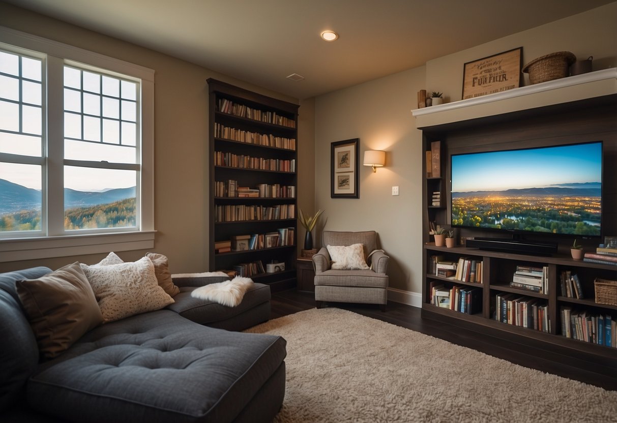 A cozy bonus room with a reading nook, bean bag chairs, and a wall-mounted TV. Shelves filled with books and board games, soft lighting, and a large window with a view