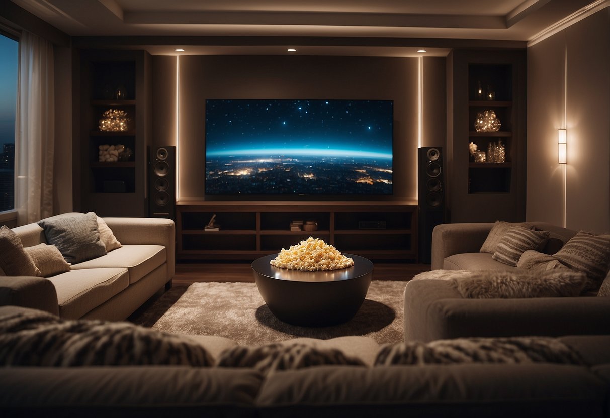 A cozy bonus room with a large screen, surround sound speakers, plush seating, and dimmable lighting. Popcorn and drinks on a nearby table