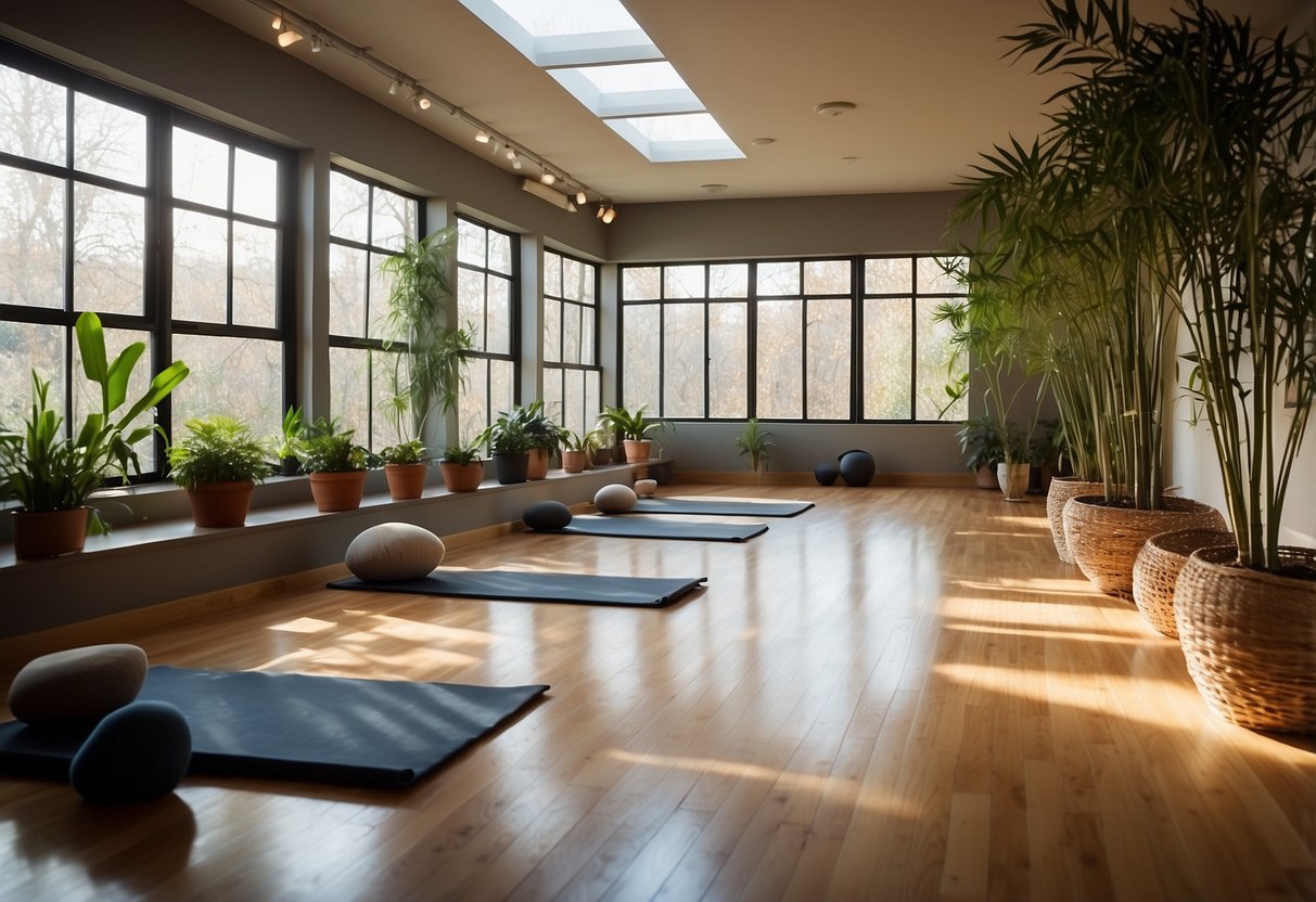 A serene yoga studio with bamboo flooring, large windows, and soft lighting. Plants line the walls, and a peaceful Zen garden sits in the corner